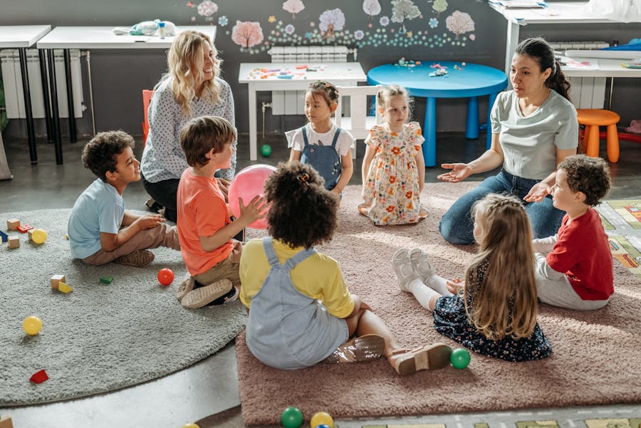 Teacher sitting on the floor reading with a group of young children